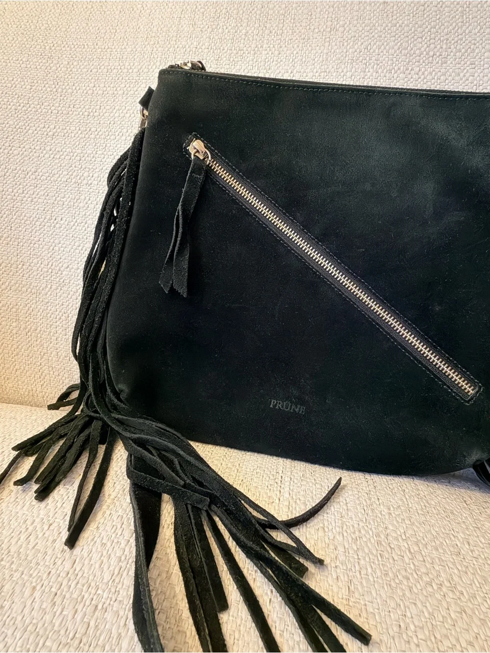 Prune Black Suede Fringe Crossbody with Diagonal Zip
